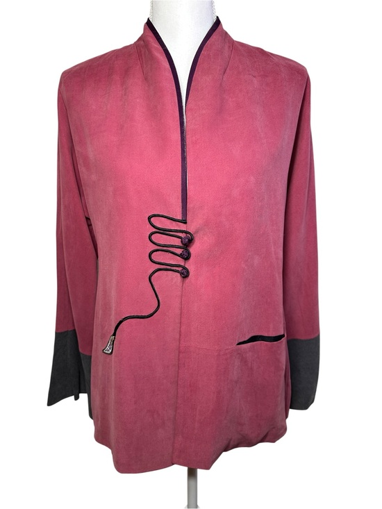 Vintage Jackets & Blazers - Vintage Chinese Silk Blend Frog Closure Jacket Pink Black Women M